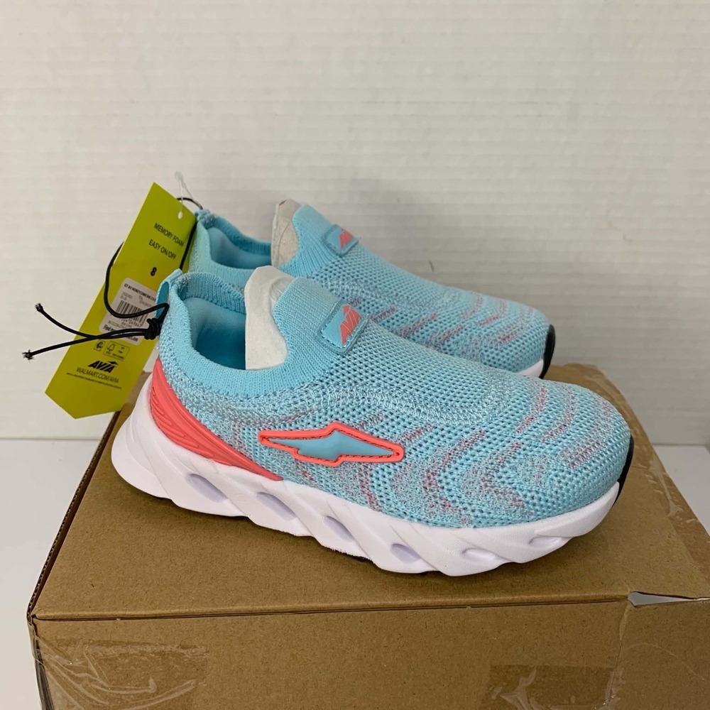 New Girl's Big Kids Avia Easy On Off Memory Foam Athletic Shoes Teal Pink Size 8